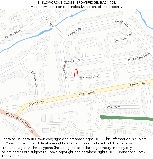 3, SLOWGROVE CLOSE, TROWBRIDGE, BA14 7DL: Location map and indicative extent of plot