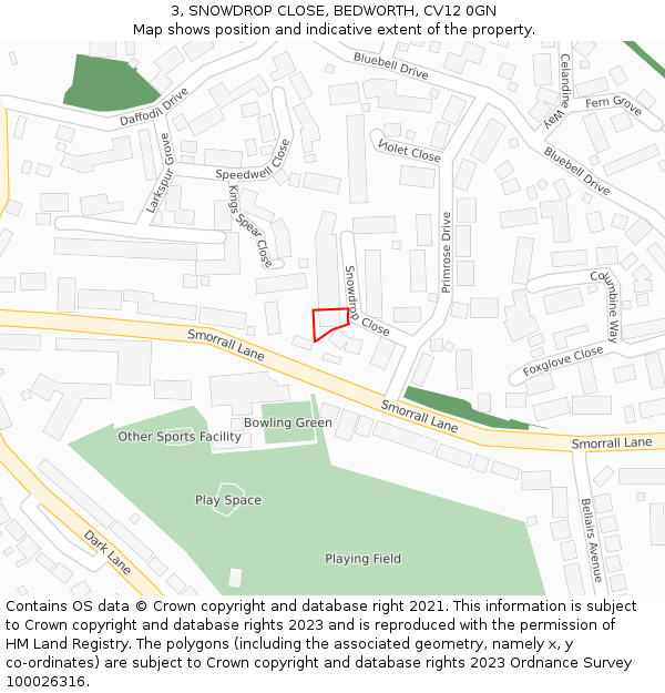 3, SNOWDROP CLOSE, BEDWORTH, CV12 0GN: Location map and indicative extent of plot