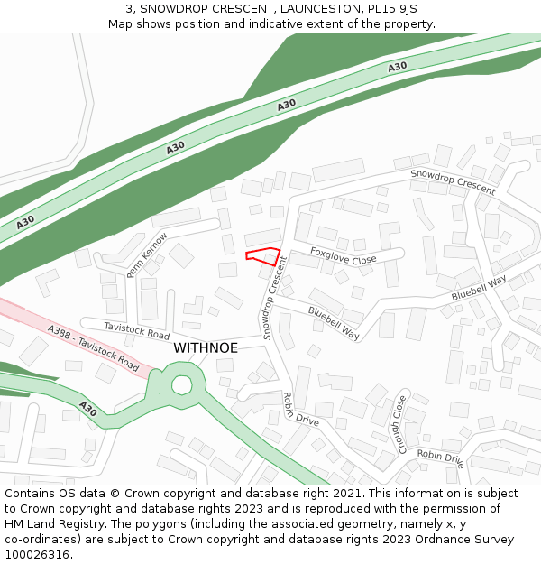 3, SNOWDROP CRESCENT, LAUNCESTON, PL15 9JS: Location map and indicative extent of plot