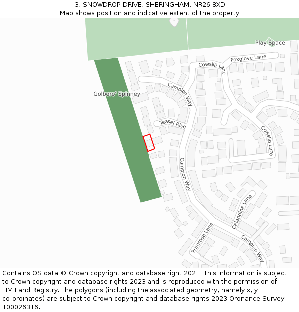 3, SNOWDROP DRIVE, SHERINGHAM, NR26 8XD: Location map and indicative extent of plot