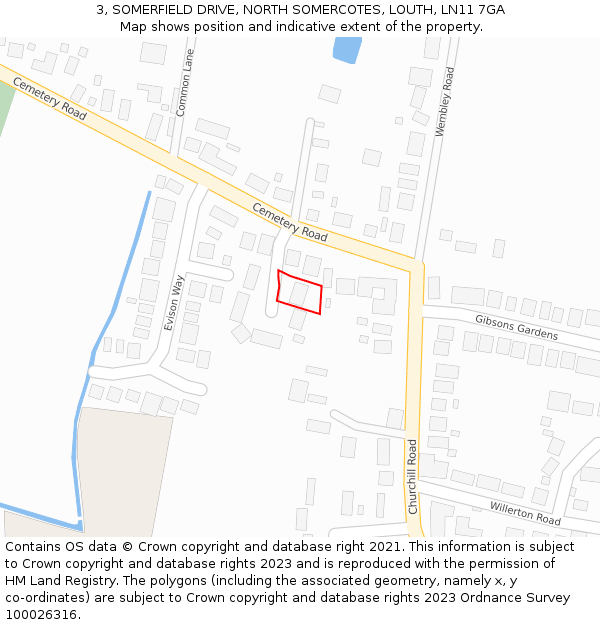 3, SOMERFIELD DRIVE, NORTH SOMERCOTES, LOUTH, LN11 7GA: Location map and indicative extent of plot
