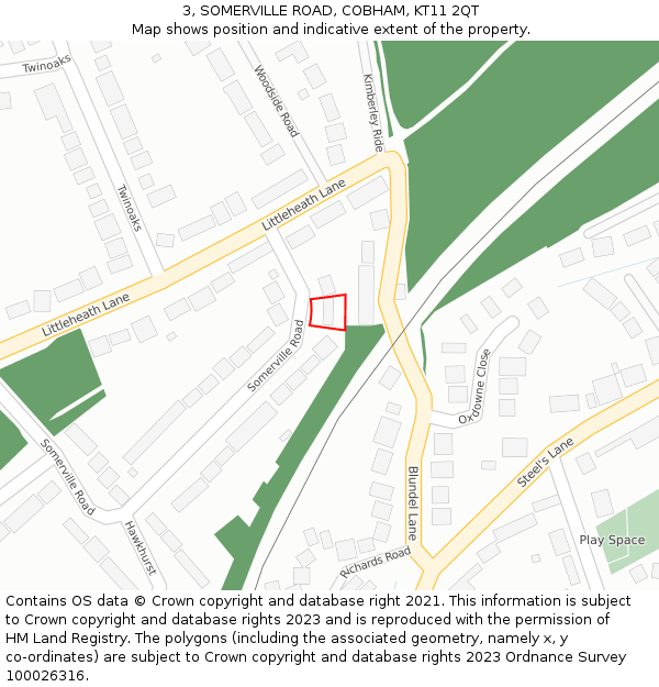 3, SOMERVILLE ROAD, COBHAM, KT11 2QT: Location map and indicative extent of plot