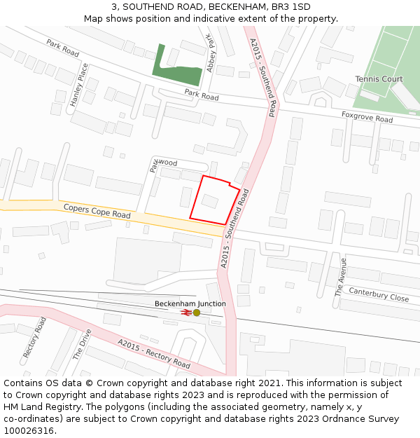 3, SOUTHEND ROAD, BECKENHAM, BR3 1SD: Location map and indicative extent of plot