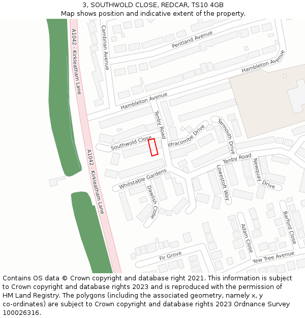 3, SOUTHWOLD CLOSE, REDCAR, TS10 4GB: Location map and indicative extent of plot