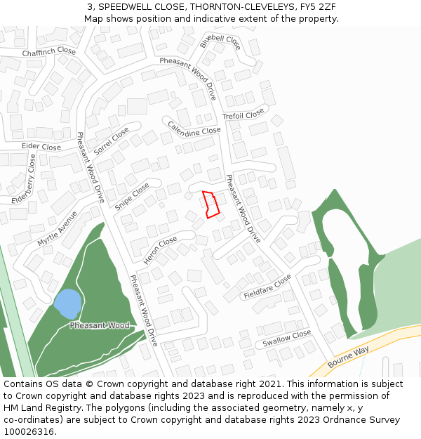 3, SPEEDWELL CLOSE, THORNTON-CLEVELEYS, FY5 2ZF: Location map and indicative extent of plot