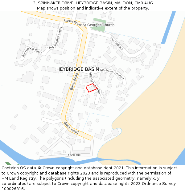 3, SPINNAKER DRIVE, HEYBRIDGE BASIN, MALDON, CM9 4UG: Location map and indicative extent of plot