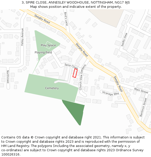 3, SPIRE CLOSE, ANNESLEY WOODHOUSE, NOTTINGHAM, NG17 9JS: Location map and indicative extent of plot