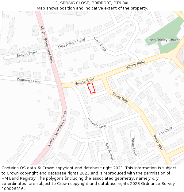 3, SPRING CLOSE, BRIDPORT, DT6 3XL: Location map and indicative extent of plot