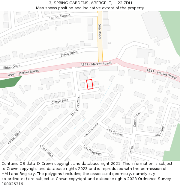 3, SPRING GARDENS, ABERGELE, LL22 7DH: Location map and indicative extent of plot