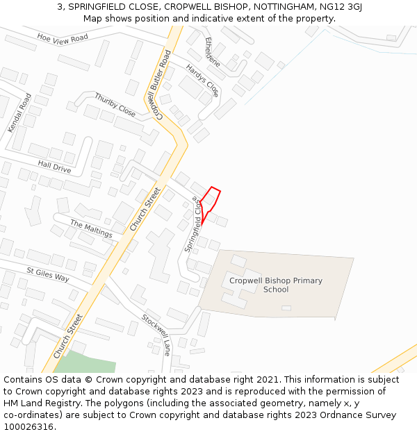 3, SPRINGFIELD CLOSE, CROPWELL BISHOP, NOTTINGHAM, NG12 3GJ: Location map and indicative extent of plot