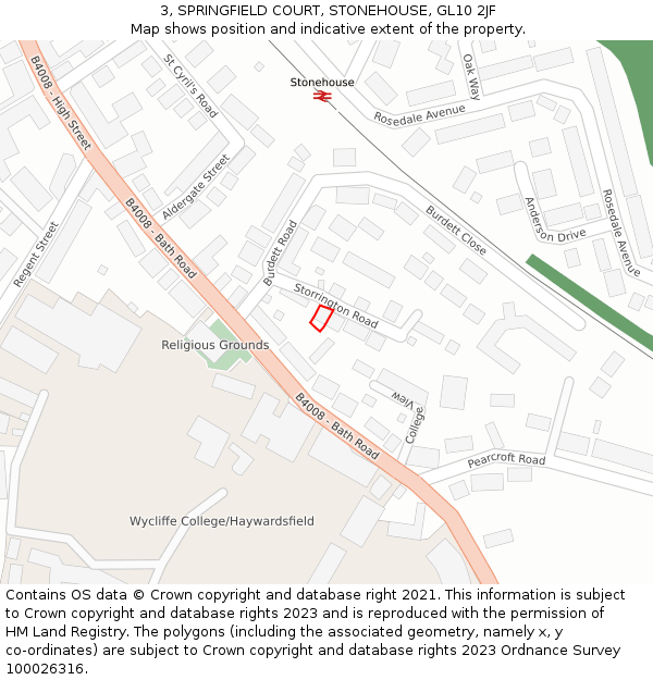 3, SPRINGFIELD COURT, STONEHOUSE, GL10 2JF: Location map and indicative extent of plot