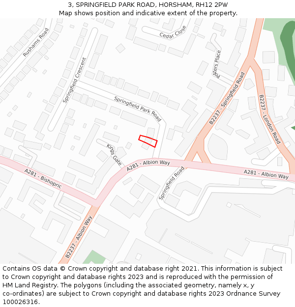 3, SPRINGFIELD PARK ROAD, HORSHAM, RH12 2PW: Location map and indicative extent of plot