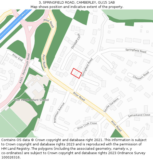 3, SPRINGFIELD ROAD, CAMBERLEY, GU15 1AB: Location map and indicative extent of plot