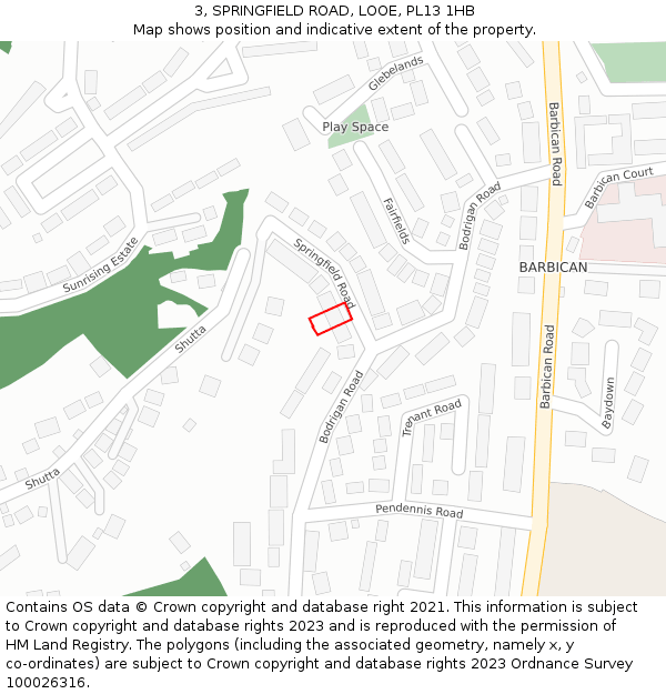 3, SPRINGFIELD ROAD, LOOE, PL13 1HB: Location map and indicative extent of plot