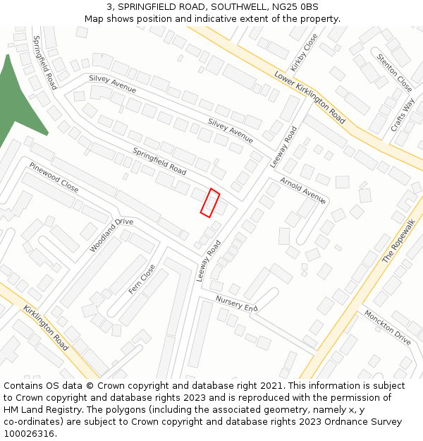 3, SPRINGFIELD ROAD, SOUTHWELL, NG25 0BS: Location map and indicative extent of plot
