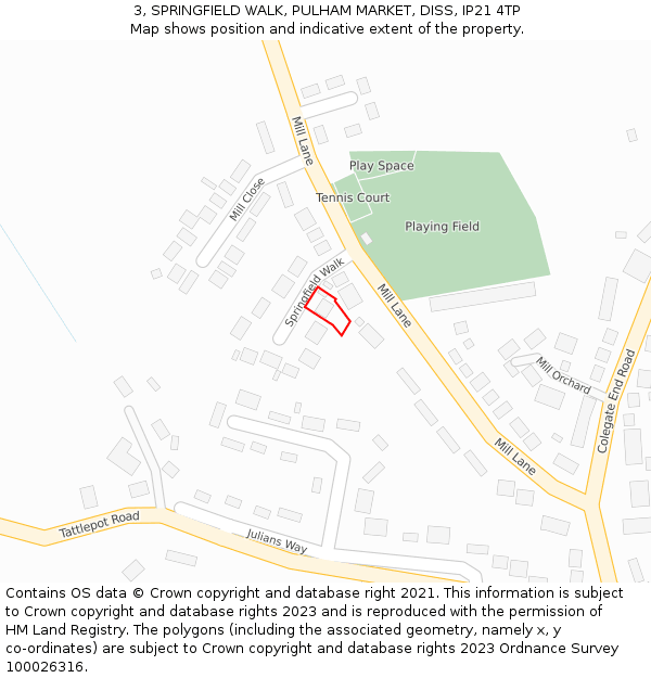 3, SPRINGFIELD WALK, PULHAM MARKET, DISS, IP21 4TP: Location map and indicative extent of plot