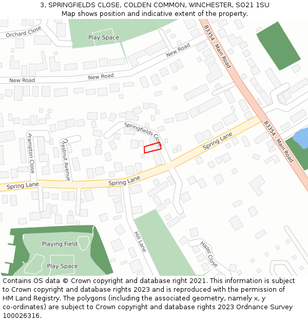 3, SPRINGFIELDS CLOSE, COLDEN COMMON, WINCHESTER, SO21 1SU: Location map and indicative extent of plot