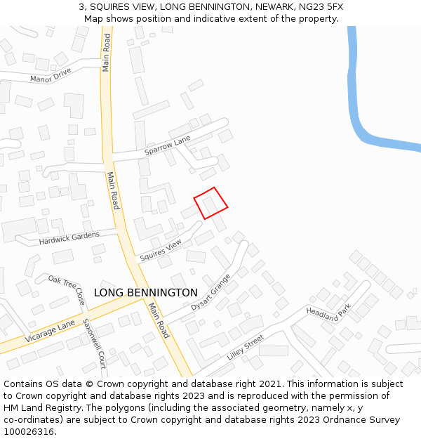 3, SQUIRES VIEW, LONG BENNINGTON, NEWARK, NG23 5FX: Location map and indicative extent of plot