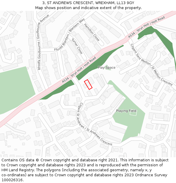 3, ST ANDREWS CRESCENT, WREXHAM, LL13 9GY: Location map and indicative extent of plot