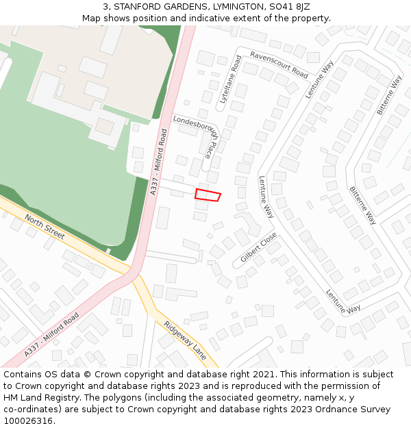 3, STANFORD GARDENS, LYMINGTON, SO41 8JZ: Location map and indicative extent of plot