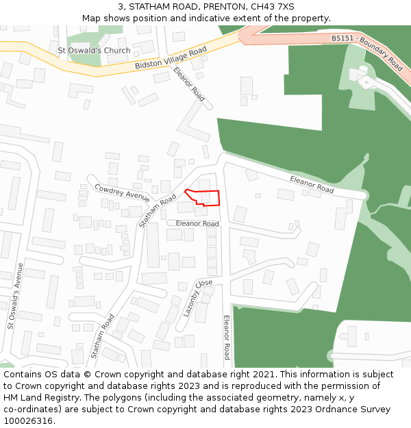 3, STATHAM ROAD, PRENTON, CH43 7XS: Location map and indicative extent of plot