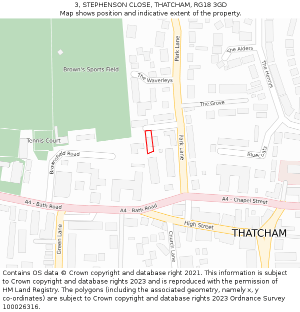 3, STEPHENSON CLOSE, THATCHAM, RG18 3GD: Location map and indicative extent of plot