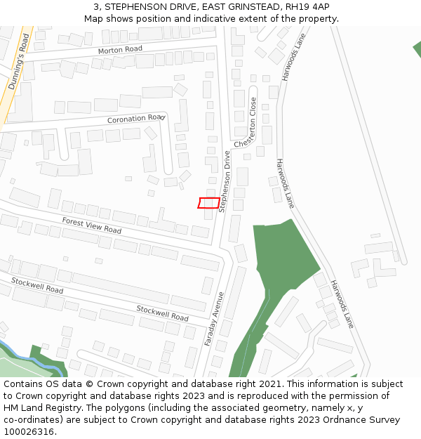 3, STEPHENSON DRIVE, EAST GRINSTEAD, RH19 4AP: Location map and indicative extent of plot