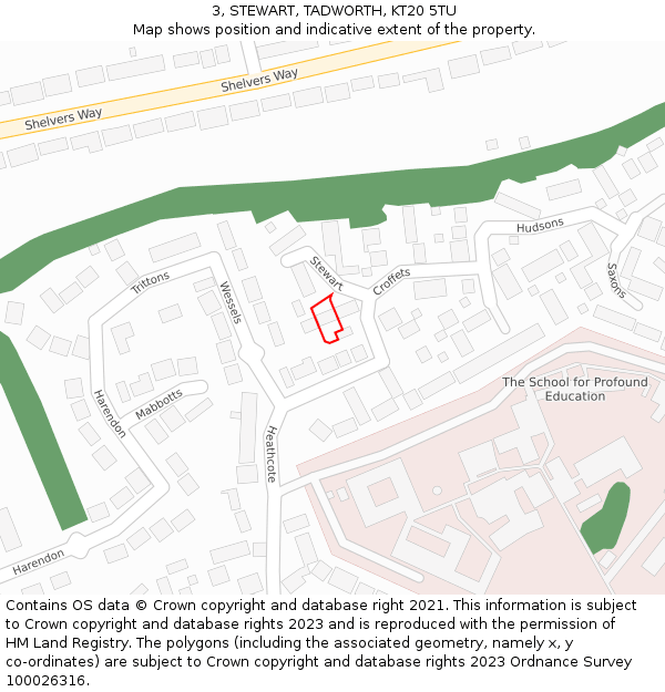 3, STEWART, TADWORTH, KT20 5TU: Location map and indicative extent of plot