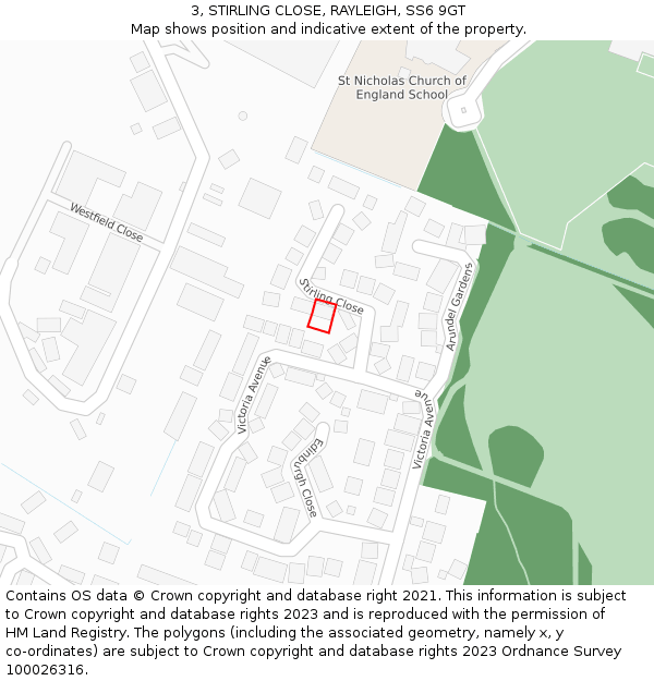 3, STIRLING CLOSE, RAYLEIGH, SS6 9GT: Location map and indicative extent of plot