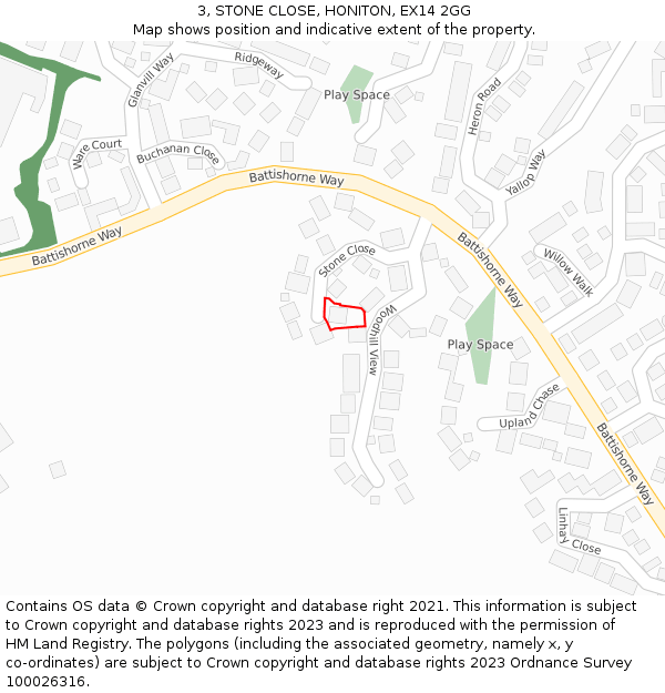 3, STONE CLOSE, HONITON, EX14 2GG: Location map and indicative extent of plot