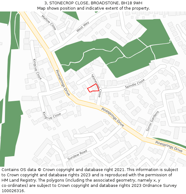 3, STONECROP CLOSE, BROADSTONE, BH18 9WH: Location map and indicative extent of plot