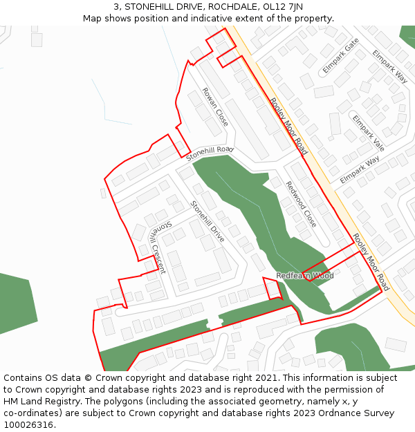 3, STONEHILL DRIVE, ROCHDALE, OL12 7JN: Location map and indicative extent of plot