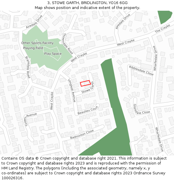 3, STOWE GARTH, BRIDLINGTON, YO16 6GG: Location map and indicative extent of plot