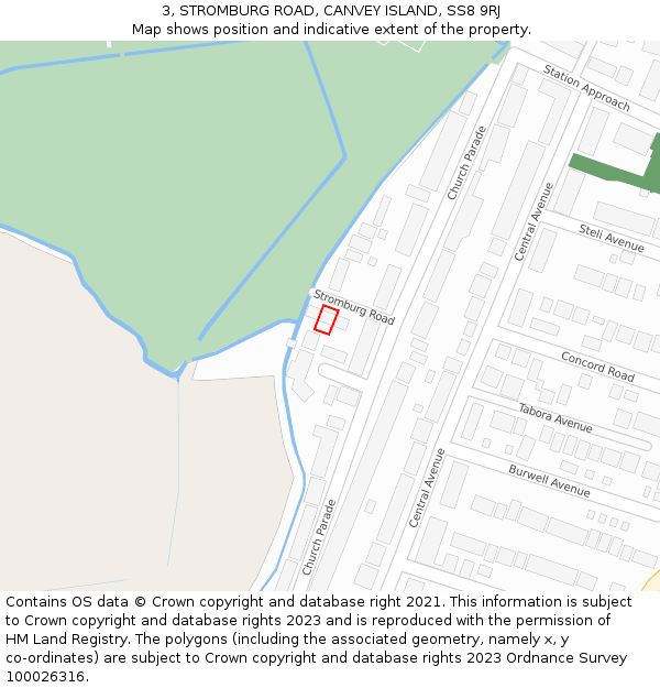 3, STROMBURG ROAD, CANVEY ISLAND, SS8 9RJ: Location map and indicative extent of plot