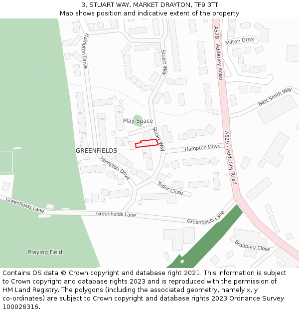 3, STUART WAY, MARKET DRAYTON, TF9 3TT: Location map and indicative extent of plot