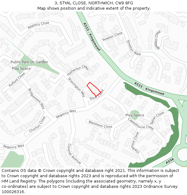 3, STYAL CLOSE, NORTHWICH, CW9 8FG: Location map and indicative extent of plot