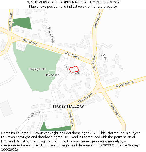 3, SUMMERS CLOSE, KIRKBY MALLORY, LEICESTER, LE9 7QP: Location map and indicative extent of plot