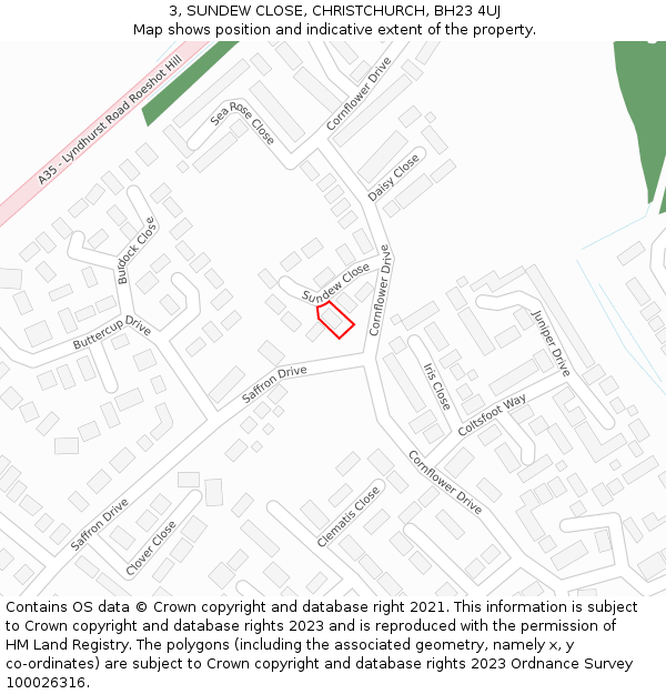 3, SUNDEW CLOSE, CHRISTCHURCH, BH23 4UJ: Location map and indicative extent of plot