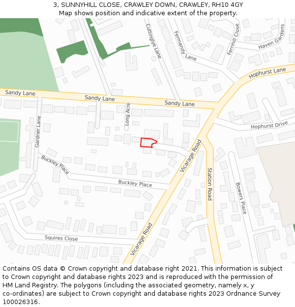 3, SUNNYHILL CLOSE, CRAWLEY DOWN, CRAWLEY, RH10 4GY: Location map and indicative extent of plot