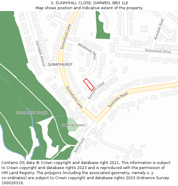 3, SUNNYHILL CLOSE, DARWEN, BB3 1LE: Location map and indicative extent of plot