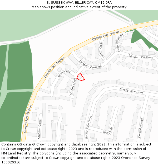 3, SUSSEX WAY, BILLERICAY, CM12 0FA: Location map and indicative extent of plot