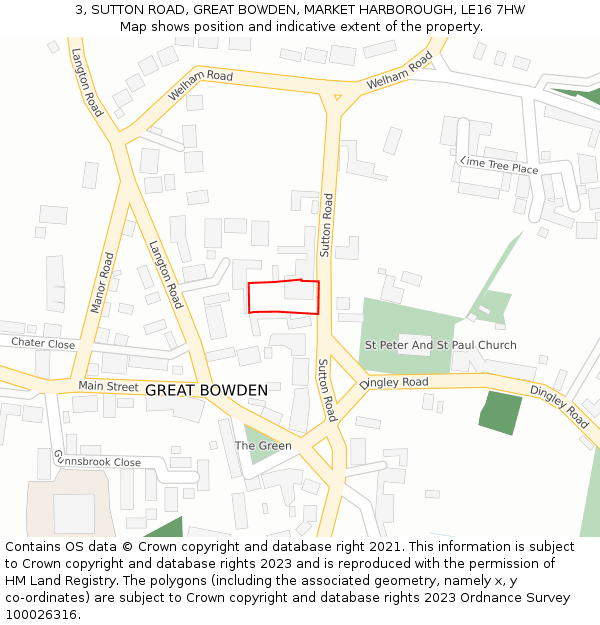 3, SUTTON ROAD, GREAT BOWDEN, MARKET HARBOROUGH, LE16 7HW: Location map and indicative extent of plot