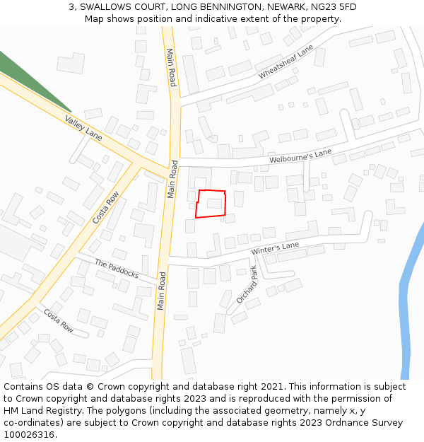 3, SWALLOWS COURT, LONG BENNINGTON, NEWARK, NG23 5FD: Location map and indicative extent of plot