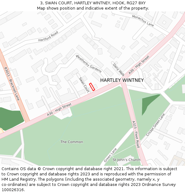 3, SWAN COURT, HARTLEY WINTNEY, HOOK, RG27 8XY: Location map and indicative extent of plot