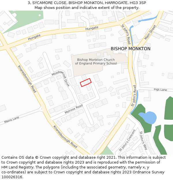 3, SYCAMORE CLOSE, BISHOP MONKTON, HARROGATE, HG3 3SP: Location map and indicative extent of plot