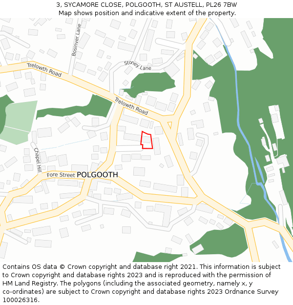 3, SYCAMORE CLOSE, POLGOOTH, ST AUSTELL, PL26 7BW: Location map and indicative extent of plot