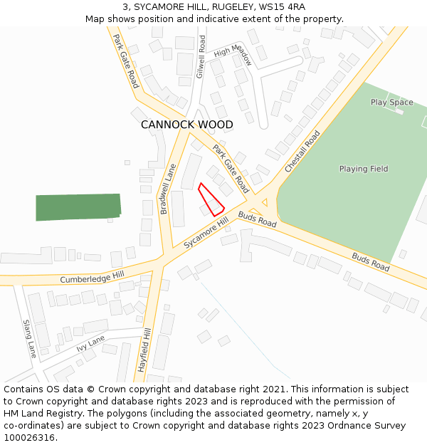 3, SYCAMORE HILL, RUGELEY, WS15 4RA: Location map and indicative extent of plot
