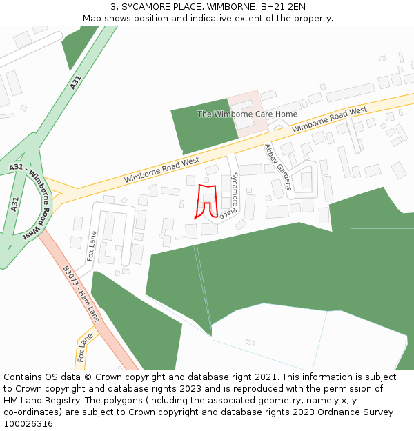 3, SYCAMORE PLACE, WIMBORNE, BH21 2EN: Location map and indicative extent of plot