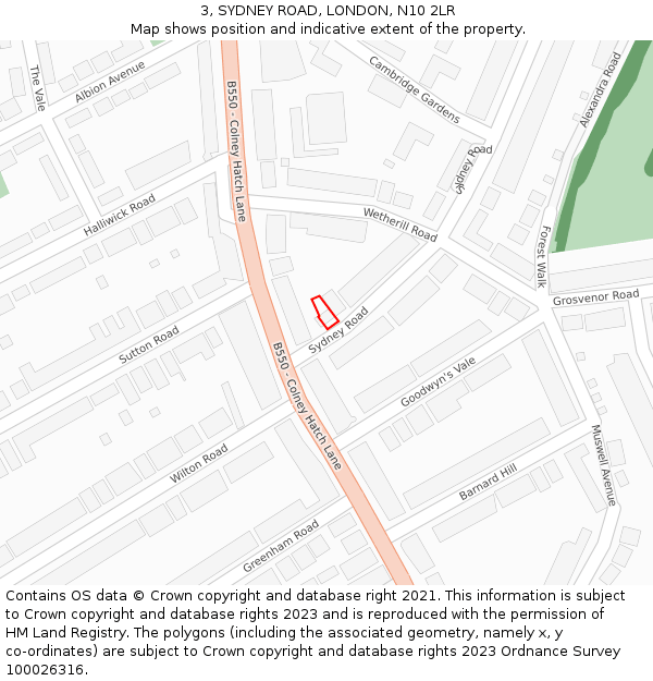 3, SYDNEY ROAD, LONDON, N10 2LR: Location map and indicative extent of plot