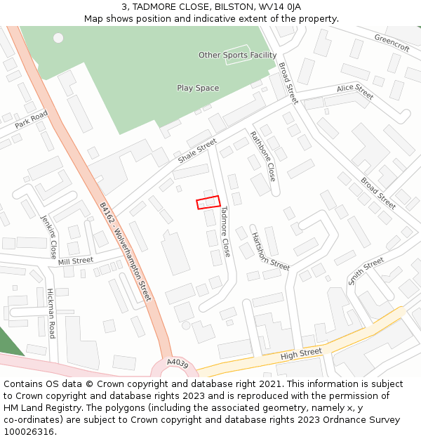 3, TADMORE CLOSE, BILSTON, WV14 0JA: Location map and indicative extent of plot